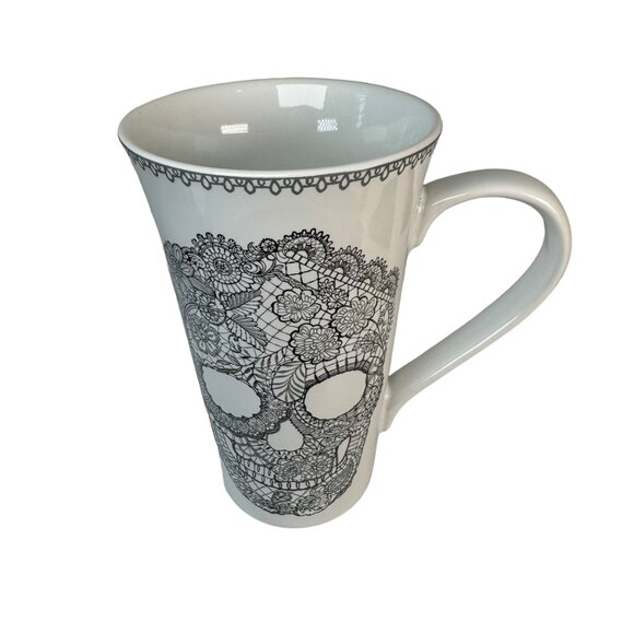 222 Fifth Skull Lace White & Black Porcelain Tall Coffee Mug Cup Goth Punk Witch - Picture 2 of 9